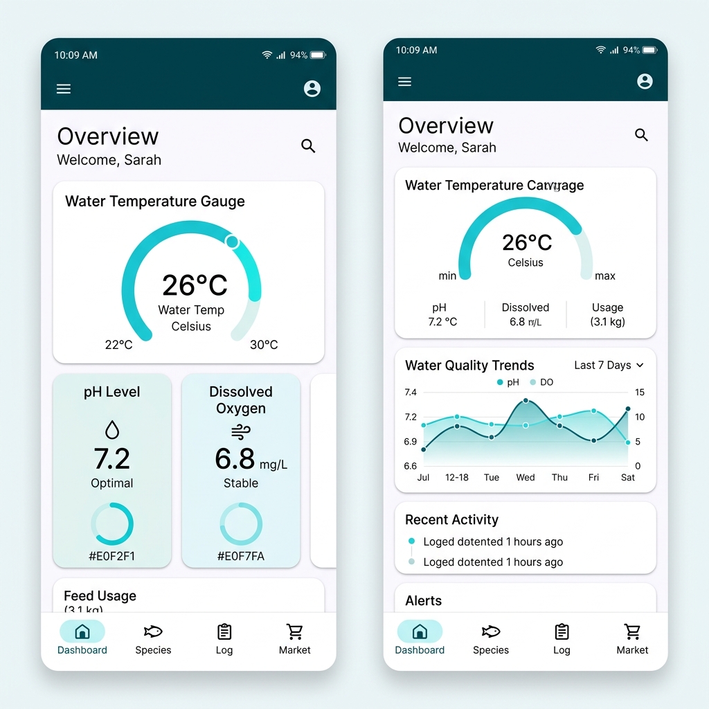 Jolozi App Dashboard showing real-time water parameters