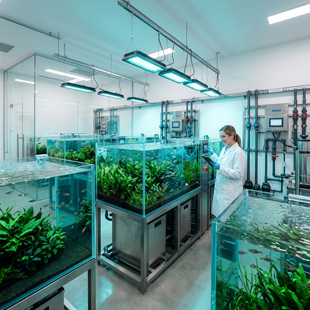 Modern indoor aquaculture facility with crystal clear water tanks