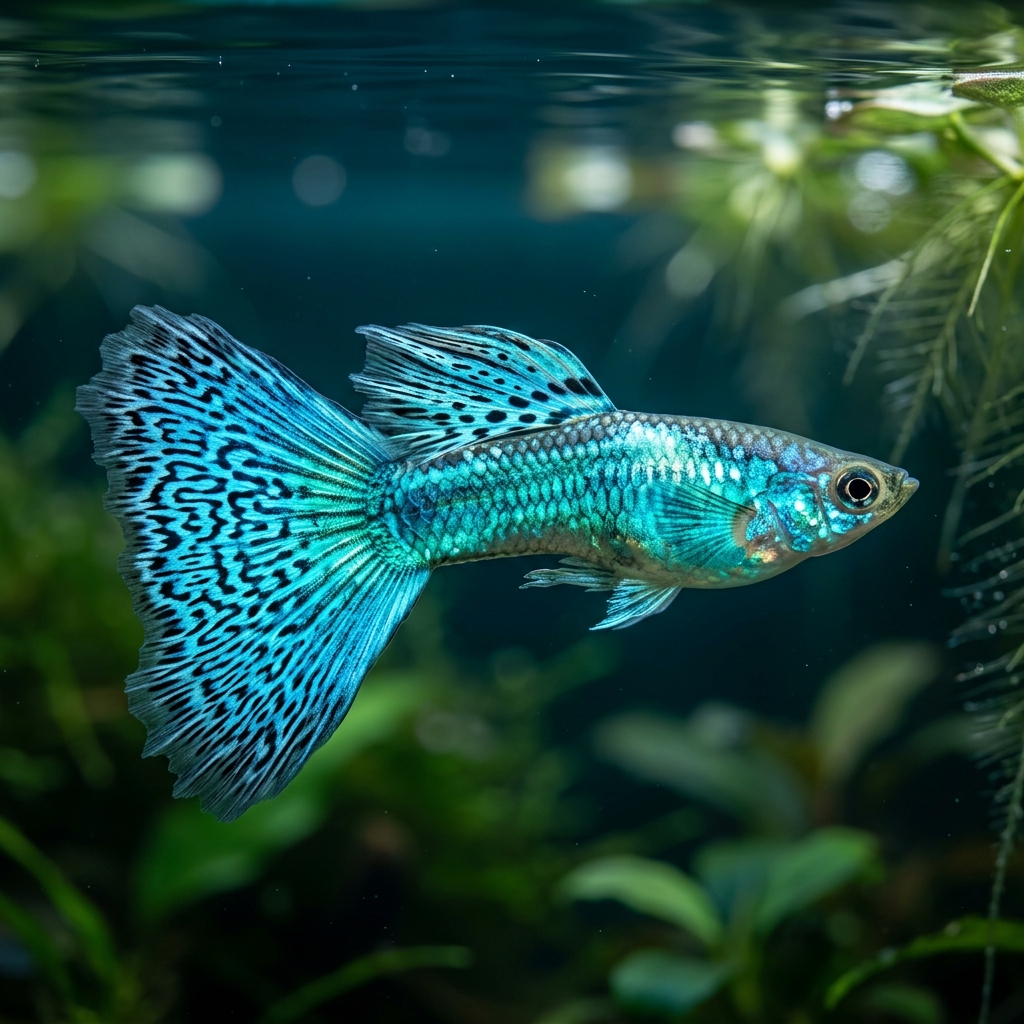 Macro photograph of a vibrant fancy Guppy showcasing iridescent genetic patterns