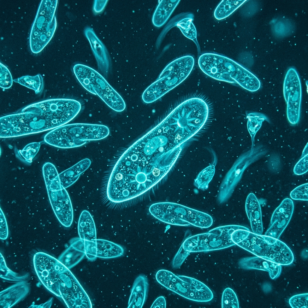 Microscopic view of Infusoria cultures under bioluminescent light